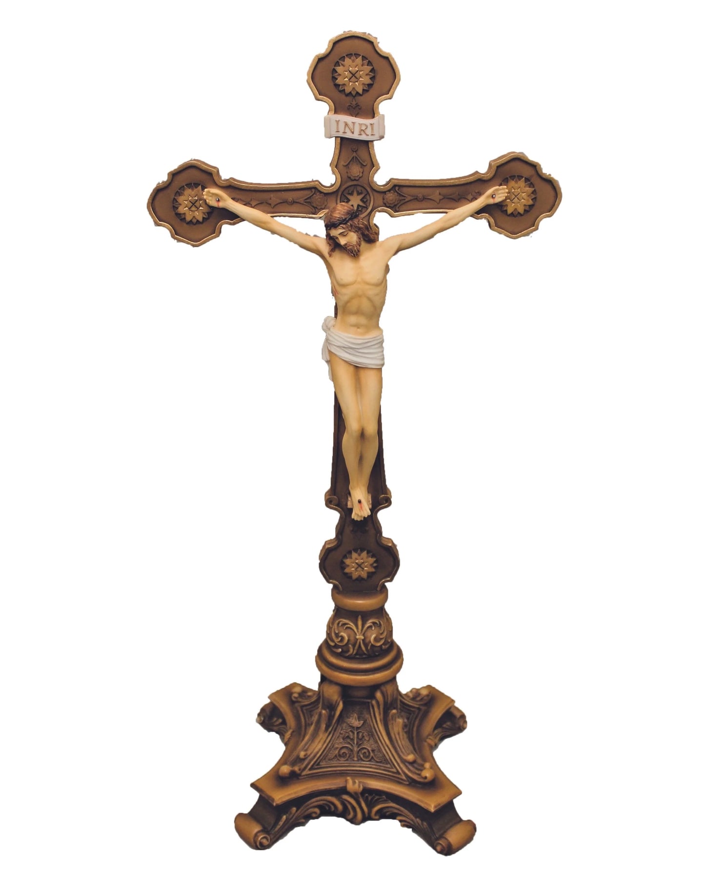 Crucifix sur pied orné et peint à la main de 33 cm