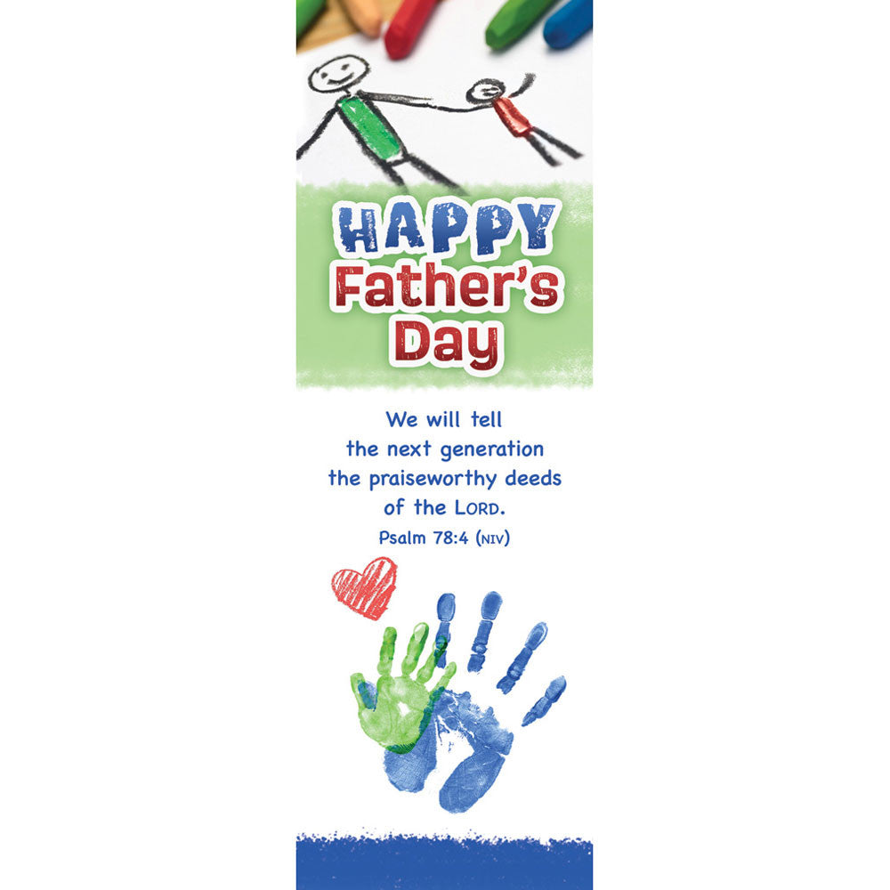 Father's Day card with colorful handprints, stick figures, and Bible verse quote.