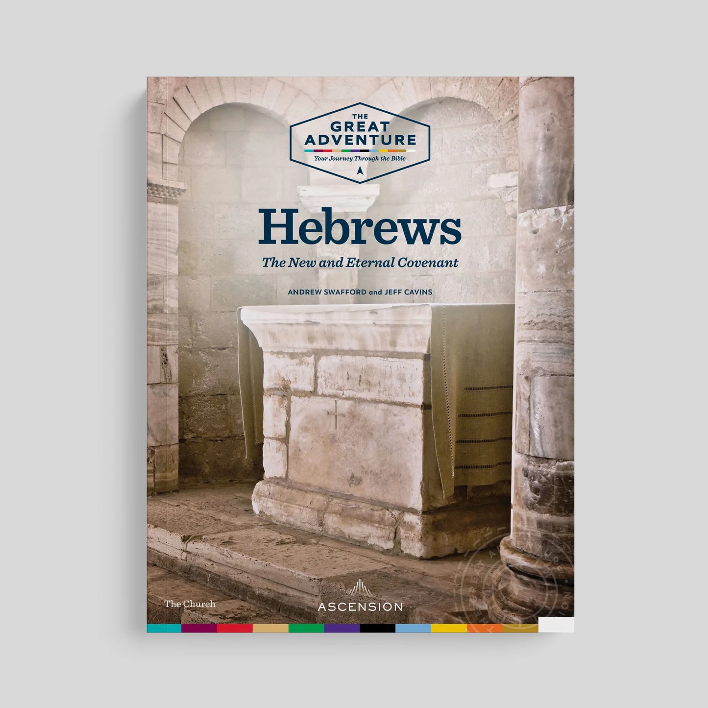 Book cover of 'Hebrews: The New and Eternal Covenant' with a stone architecture design on a gray background.