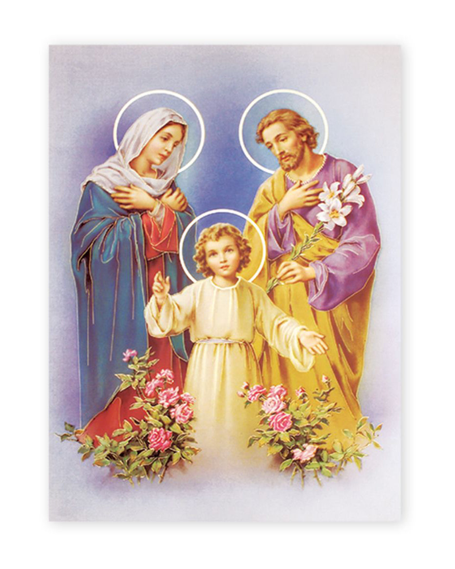 Icon of the Holy Family with a child, mother, and father surrounded by flowers on a light blue background.