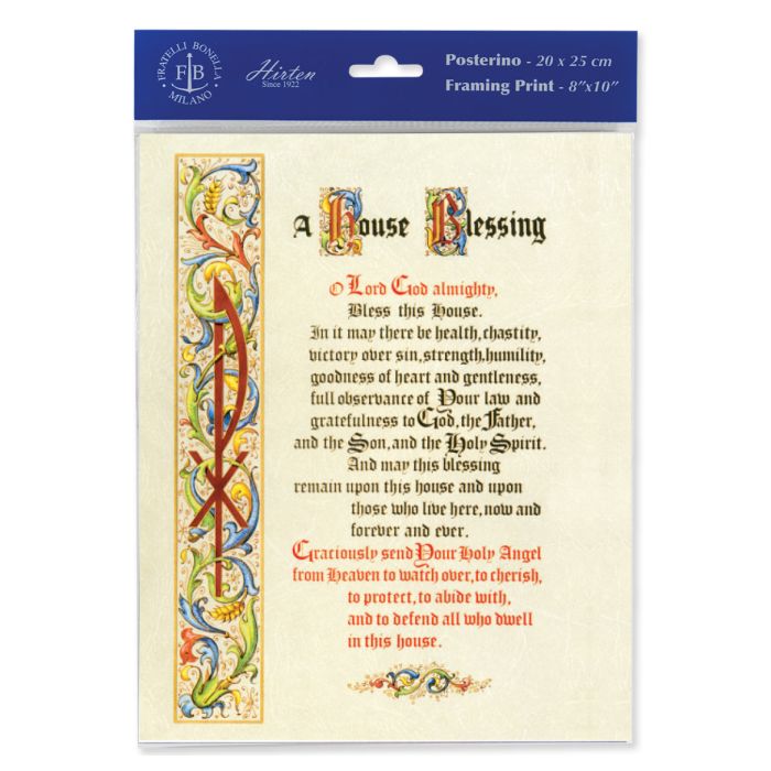 Packaged 8x10 inch house blessing print with floral patterns and text, titled 'A House Blessing'.