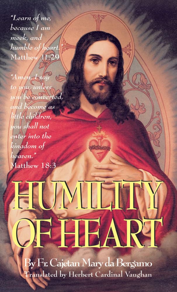 Book cover of 'Humility of Heart' with a religious figure holding a heart, featuring text from Matthew.