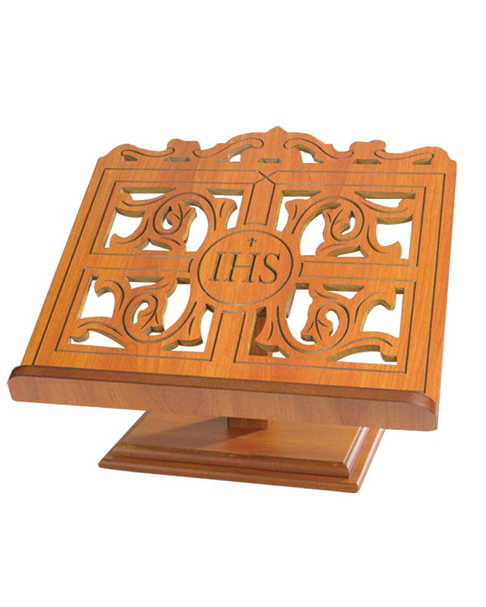 Wooden book stand with 'IHS' symbol on a white background