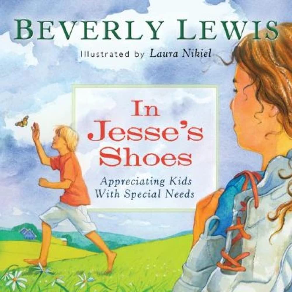Book cover of 'In Jesse's Shoes' by Beverly Lewis, illustrated by Laura Nikiel, with two children in a field.