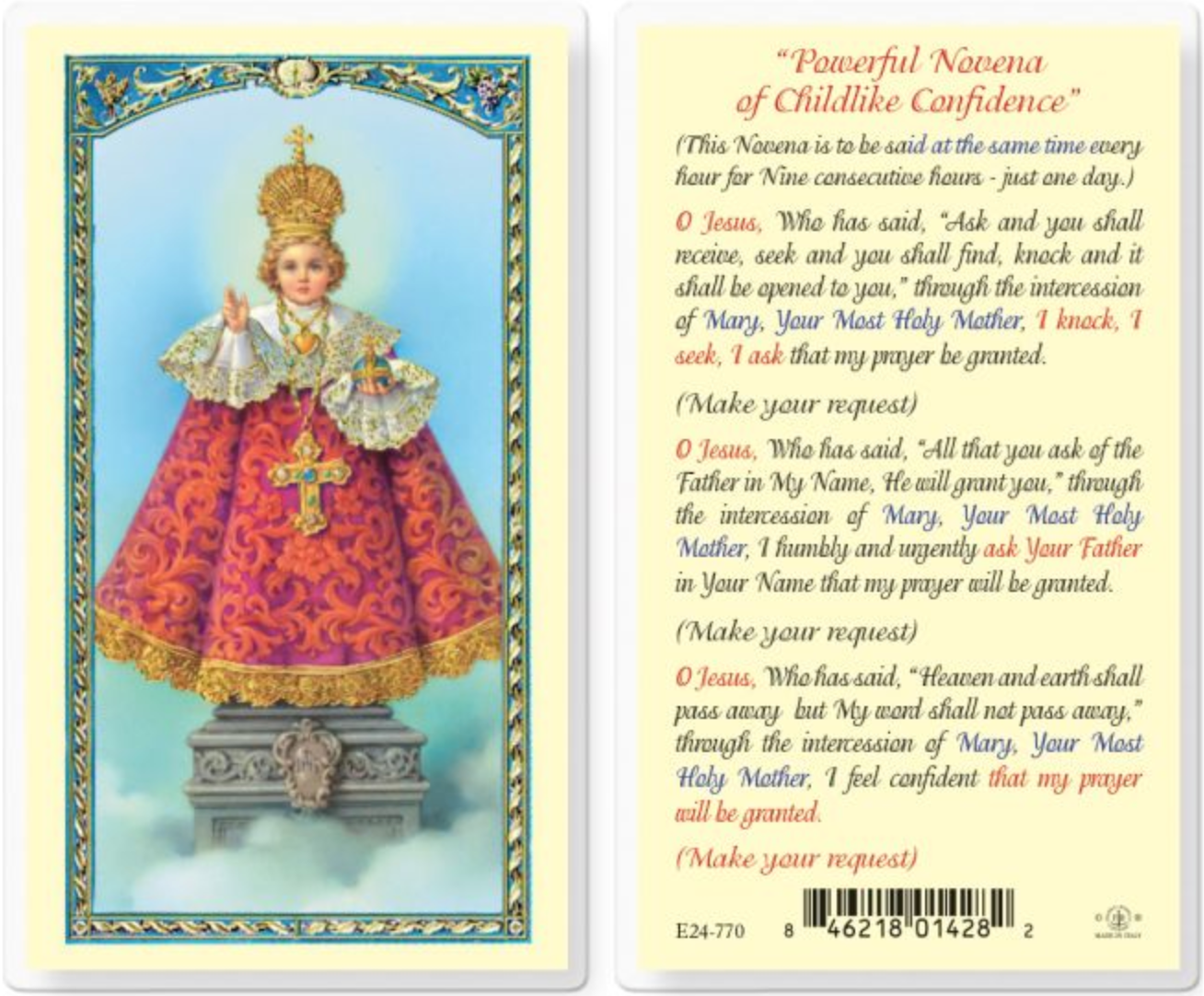 Infant of Prague Novena Holy Card