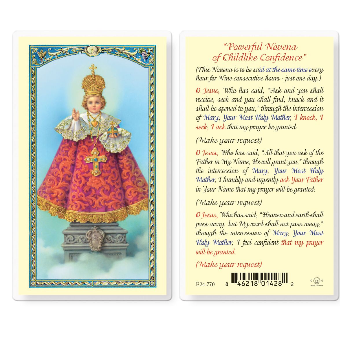 Prayer card with a child-like figure of Jesus and text on a yellow background