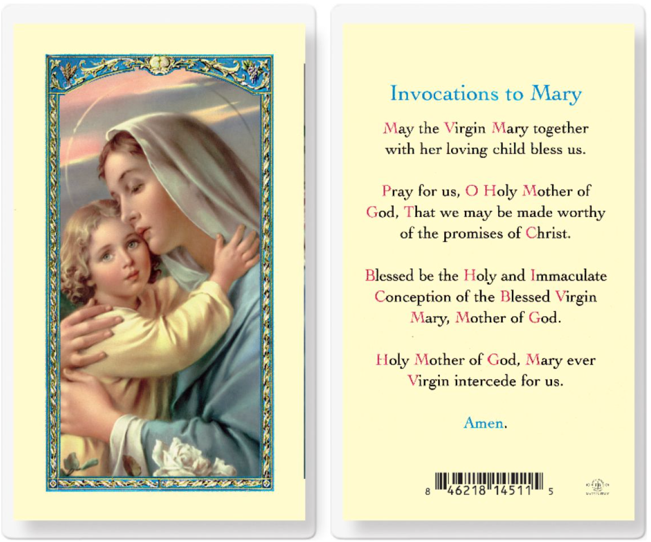 Prayer card with image of Virgin Mary holding child and text on a yellow background