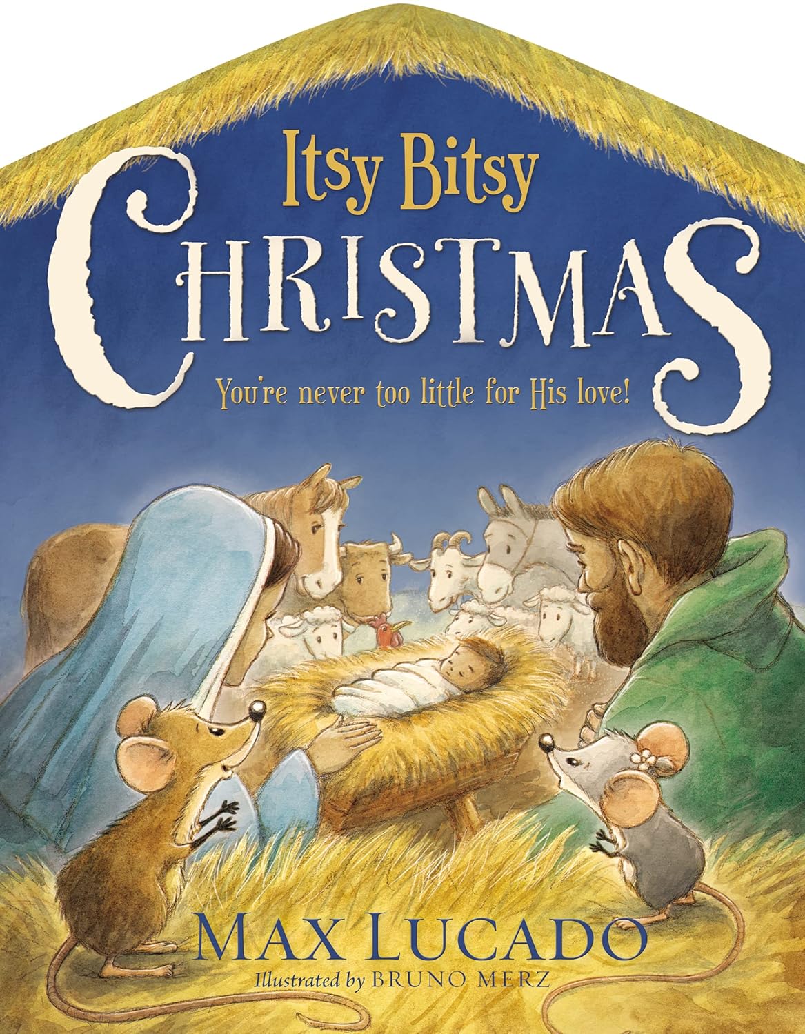 Book cover of 'Itsy Bitsy Christmas' with a nativity scene illustration.