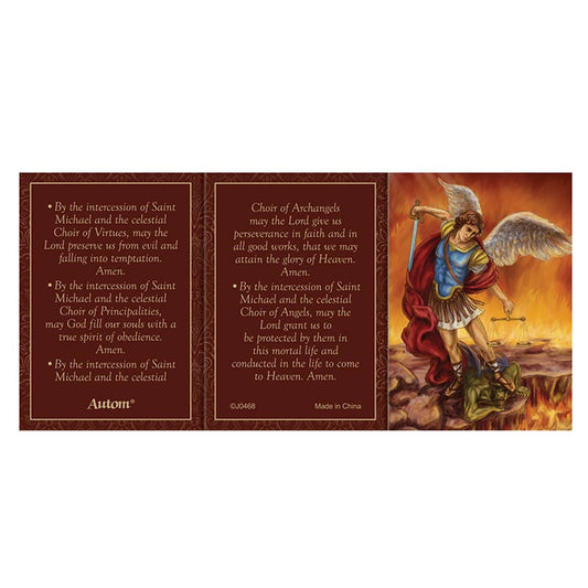 Card with Saint Michael illustration and prayers on a white background