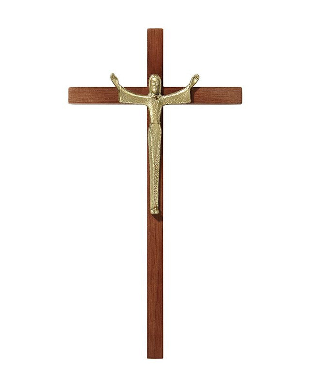 Wooden cross with a gold figure of Jesus on a white background