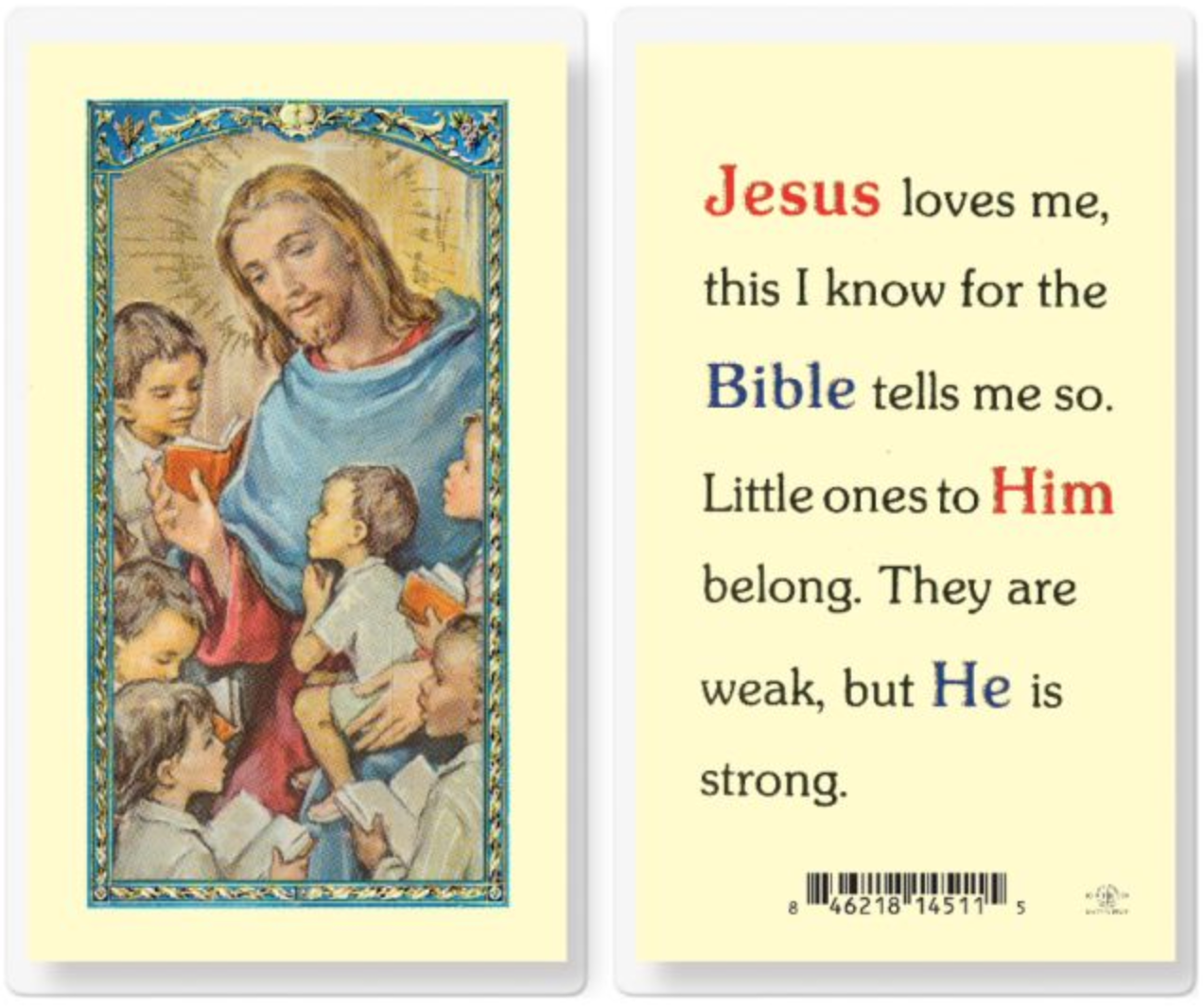 Card with illustration of Jesus holding children and text about Jesus loving them.