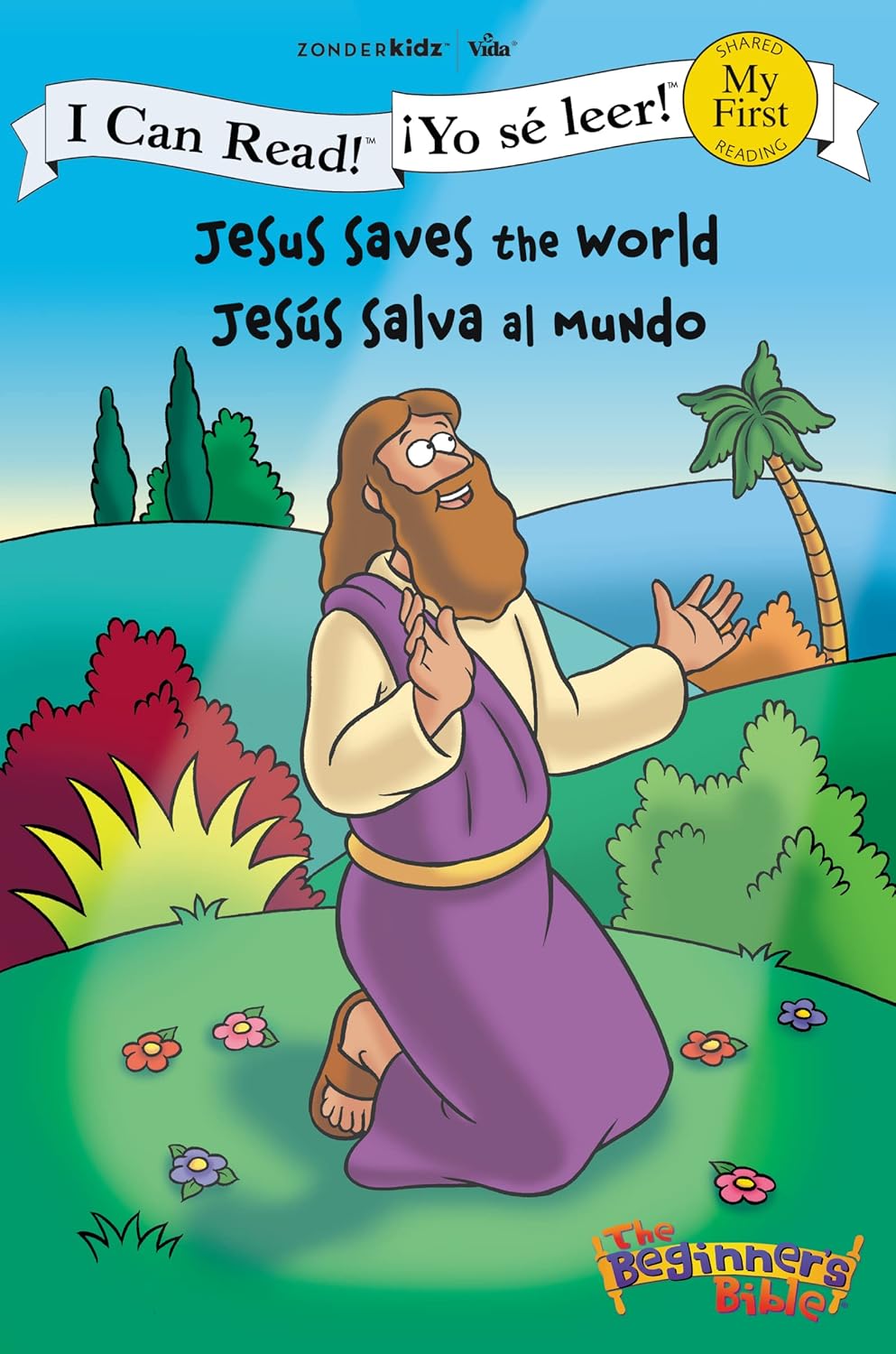 Children's book cover with a cartoon depiction of Jesus in a purple robe against a colorful landscape.