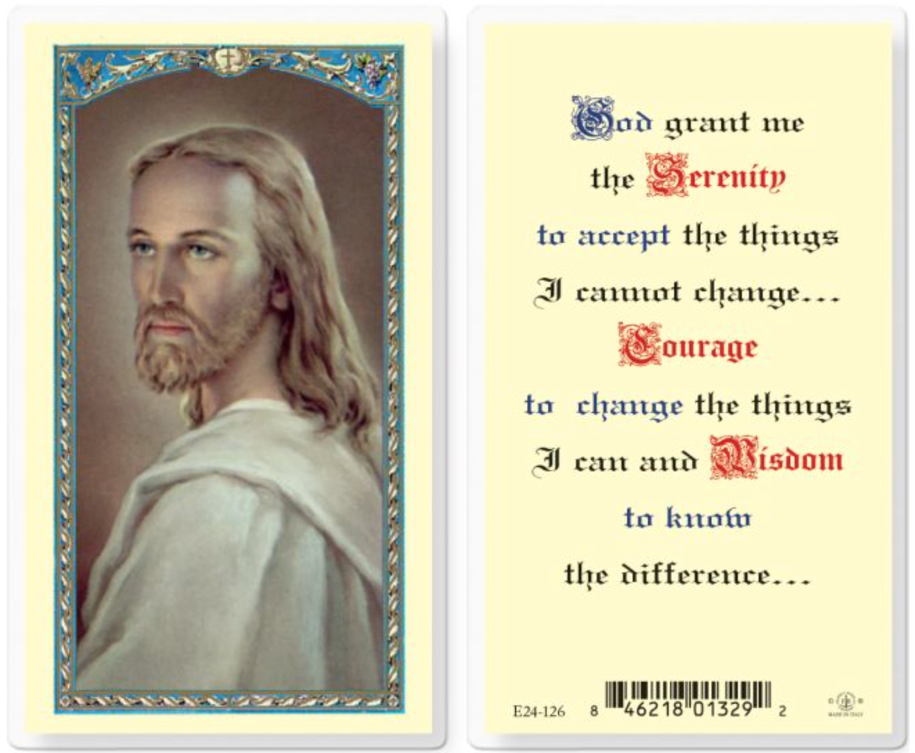 Prayer card with a portrait of a religious figure on the left and the Serenity Prayer on the right.