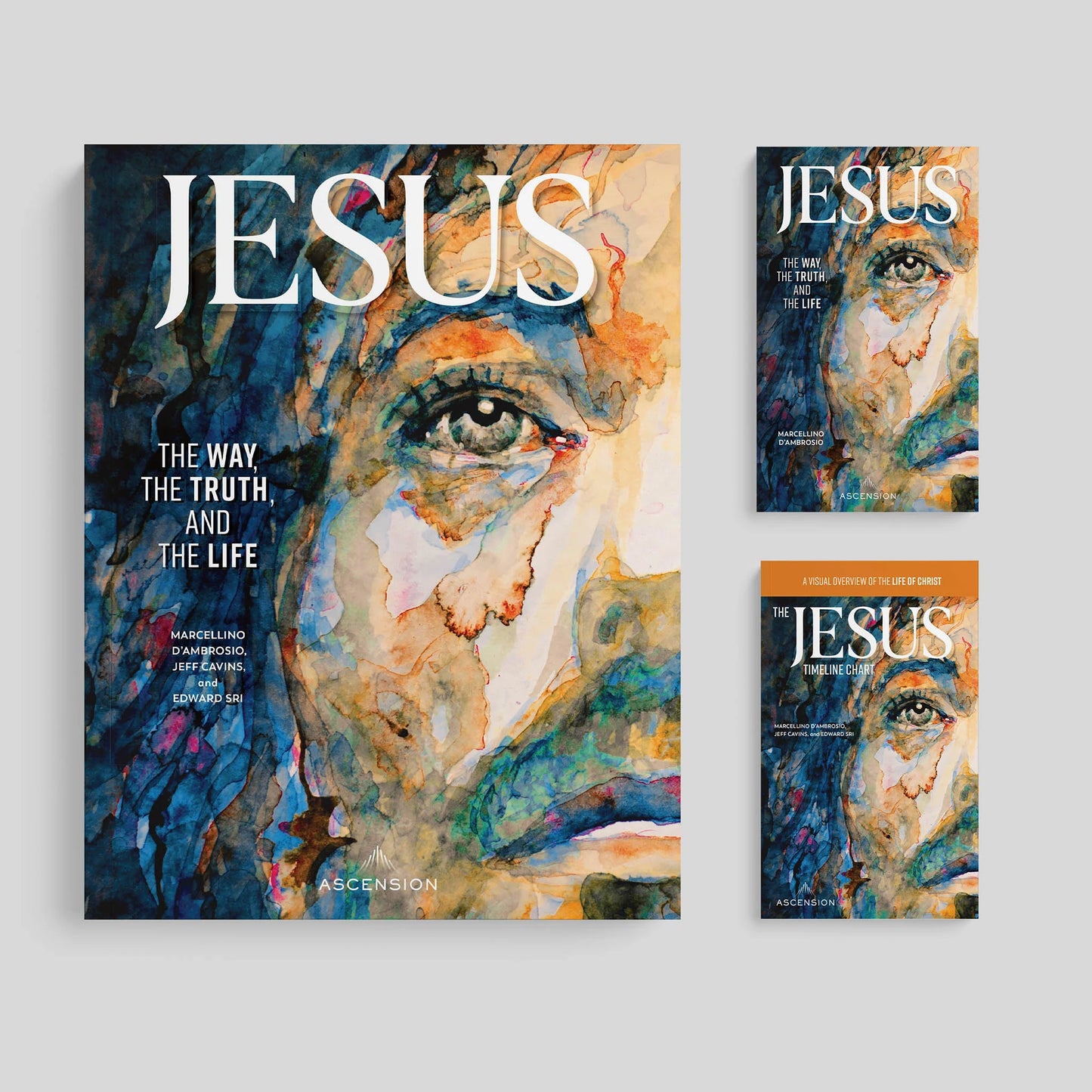 Three book covers featuring an artistic depiction of a face with 'Jesus' text on a gray background