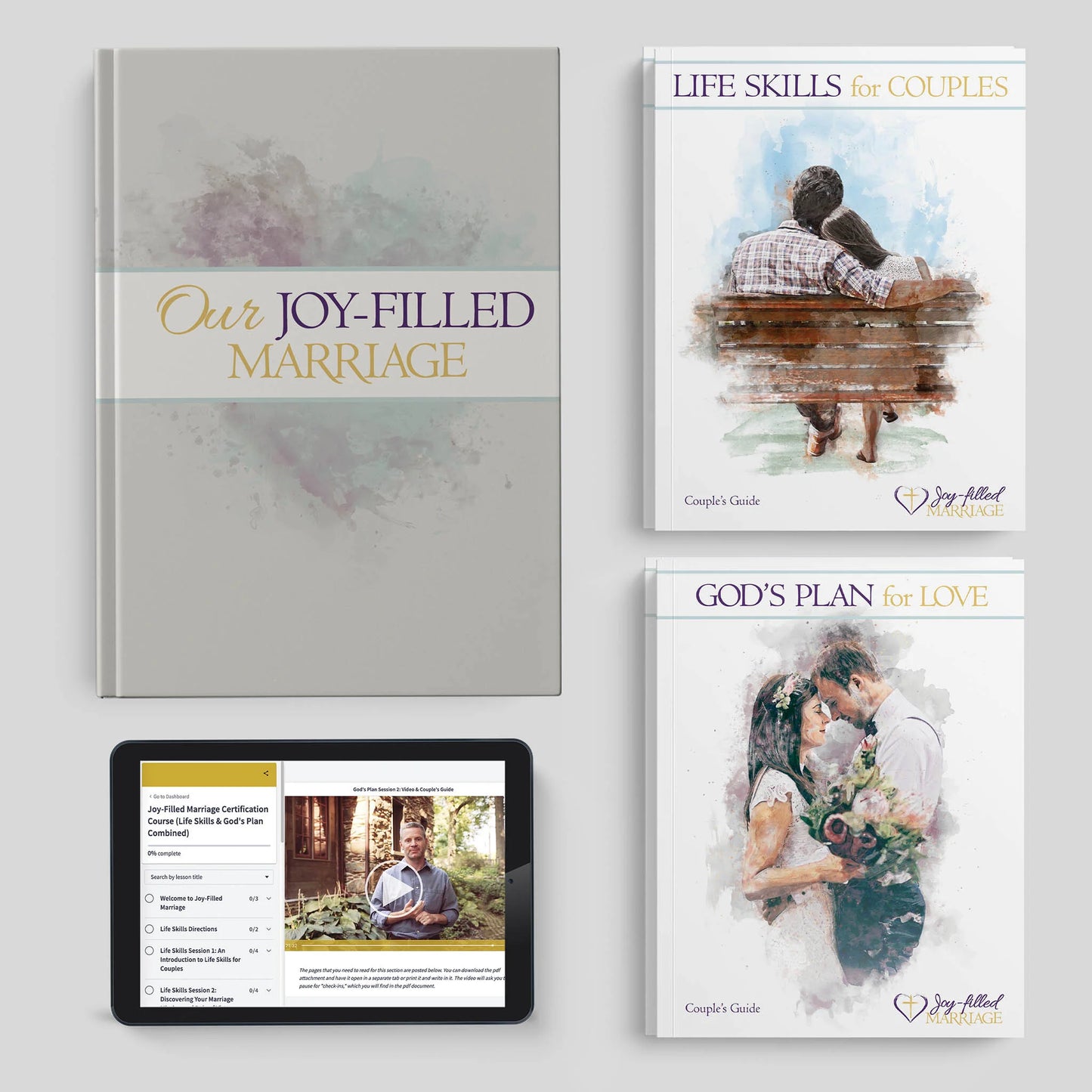Collection of books and a tablet displaying content related to marriage and life skills on a light gray background.
