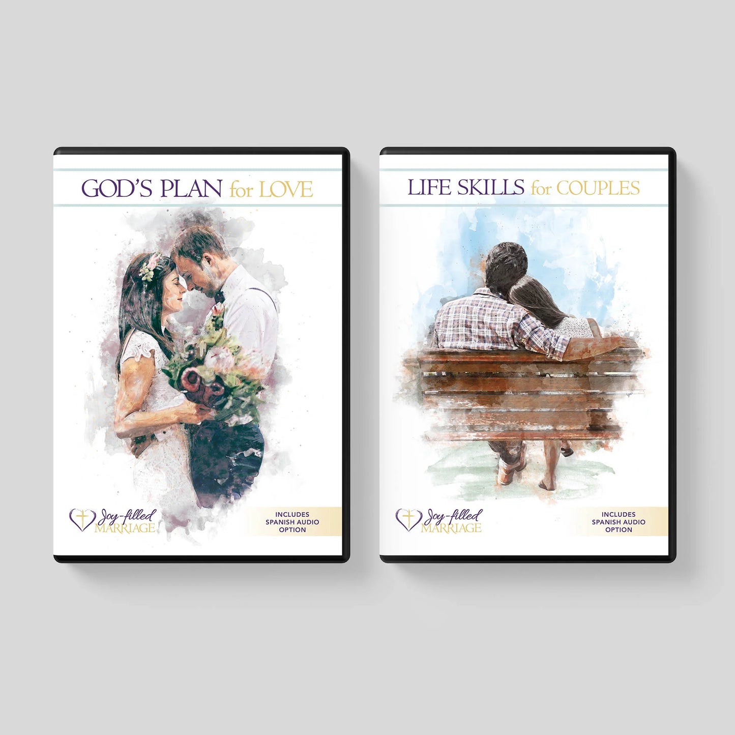 Two DVD covers titled 'God's Plan for Love' and 'Life Skills for Couples' on a gray background.