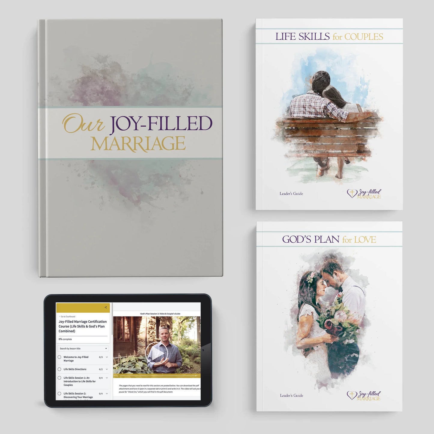 Collection of books on marriage and life skills with a tablet displaying additional content.