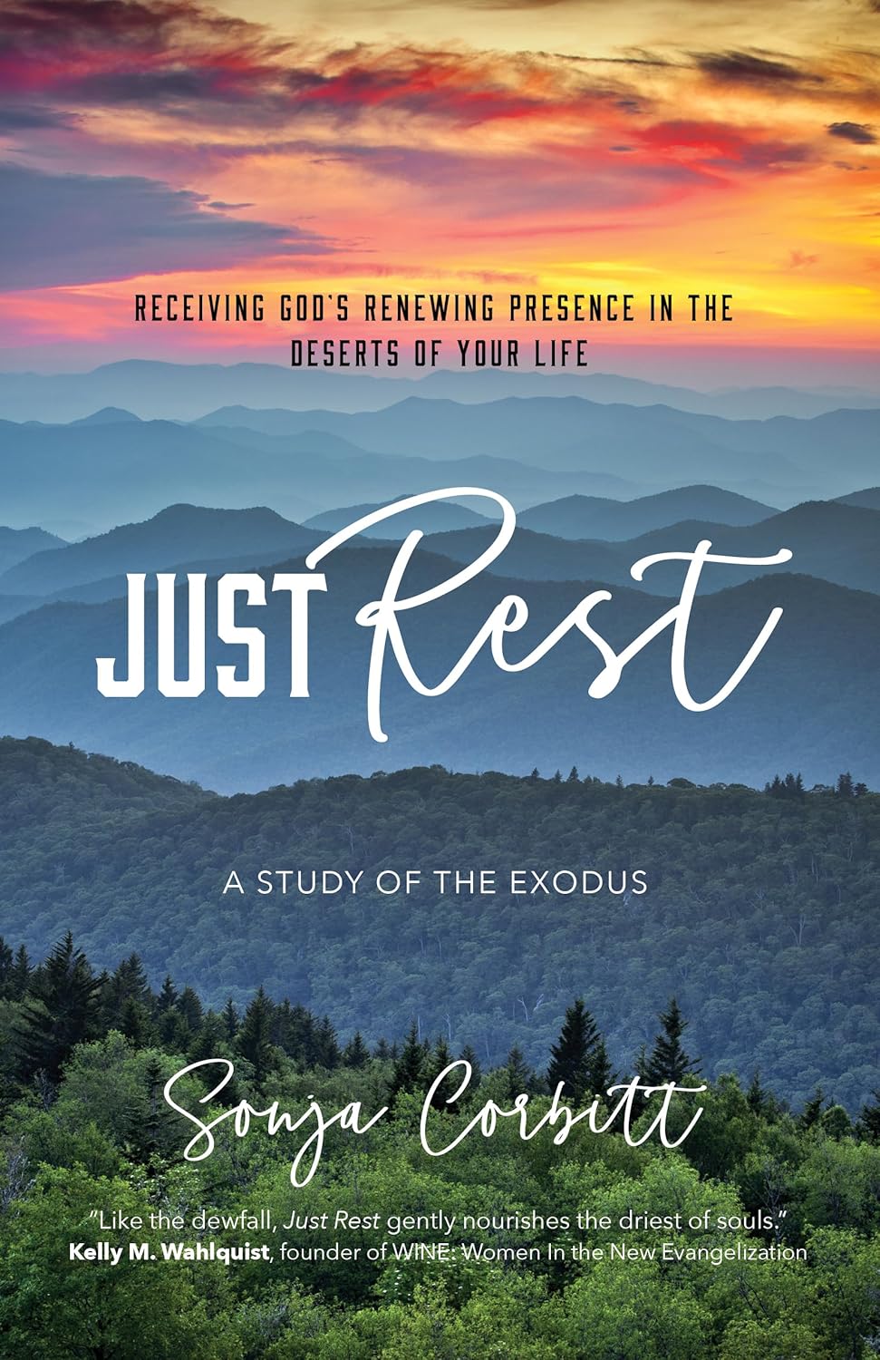 Book cover of 'Just Rest' with a mountain landscape and sunset.