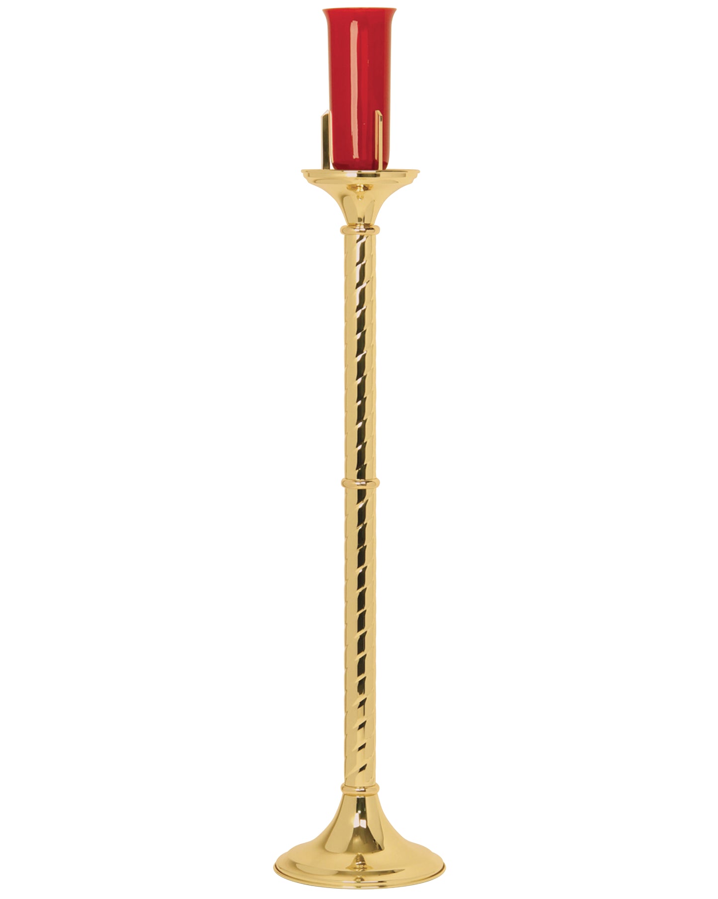 Gold candle holder with a red candle on a white background