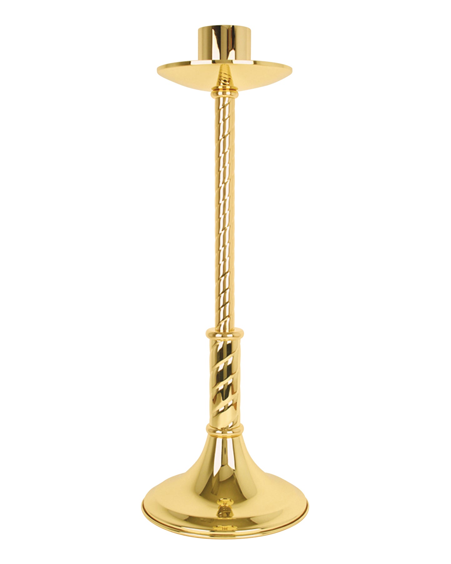 A solid brass, low-profile paschal candle holder with a twisted design on the stem, finishing with a circular holder for the candle.