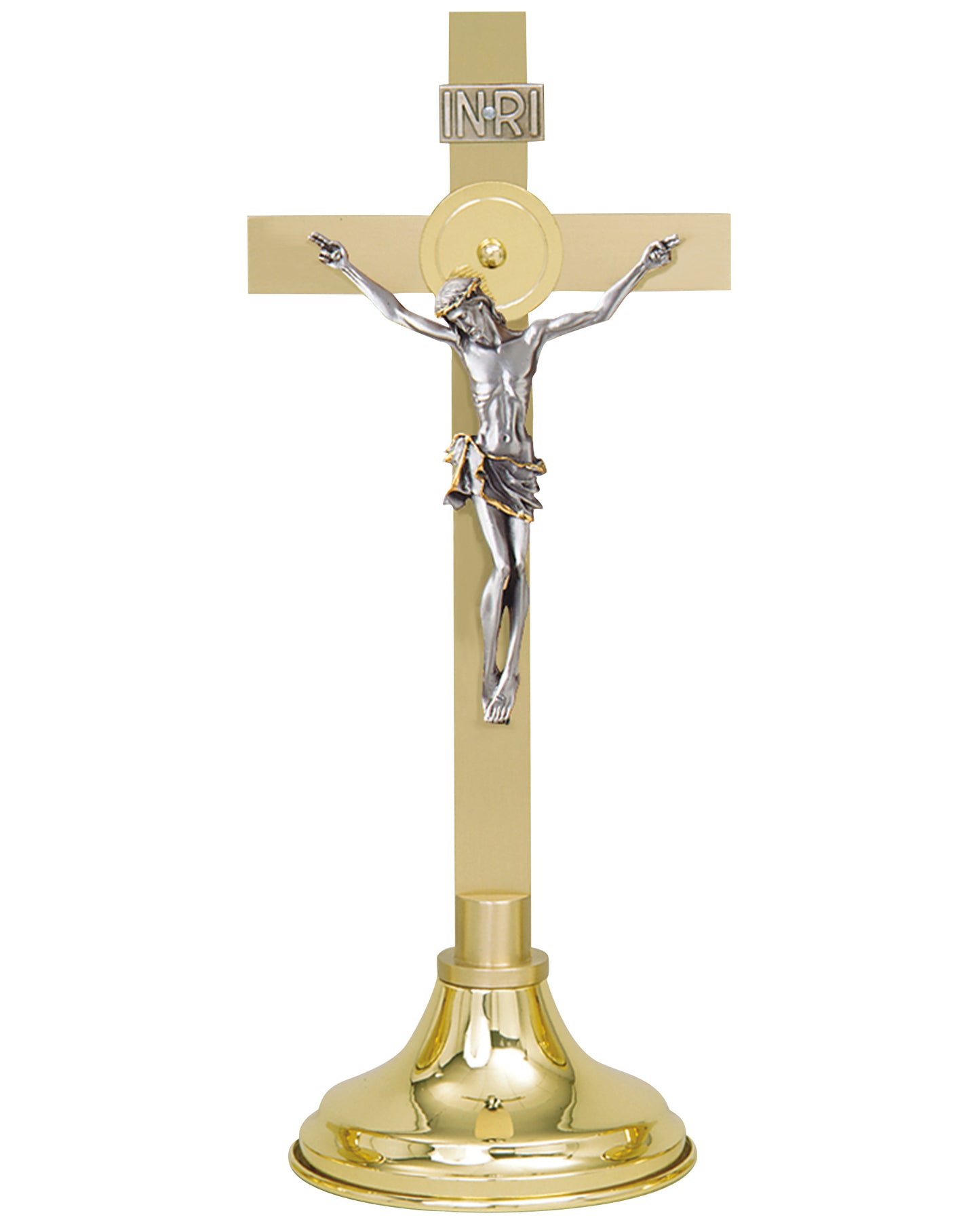Crucifix d'autel bicolore en laiton massif de 38 cm