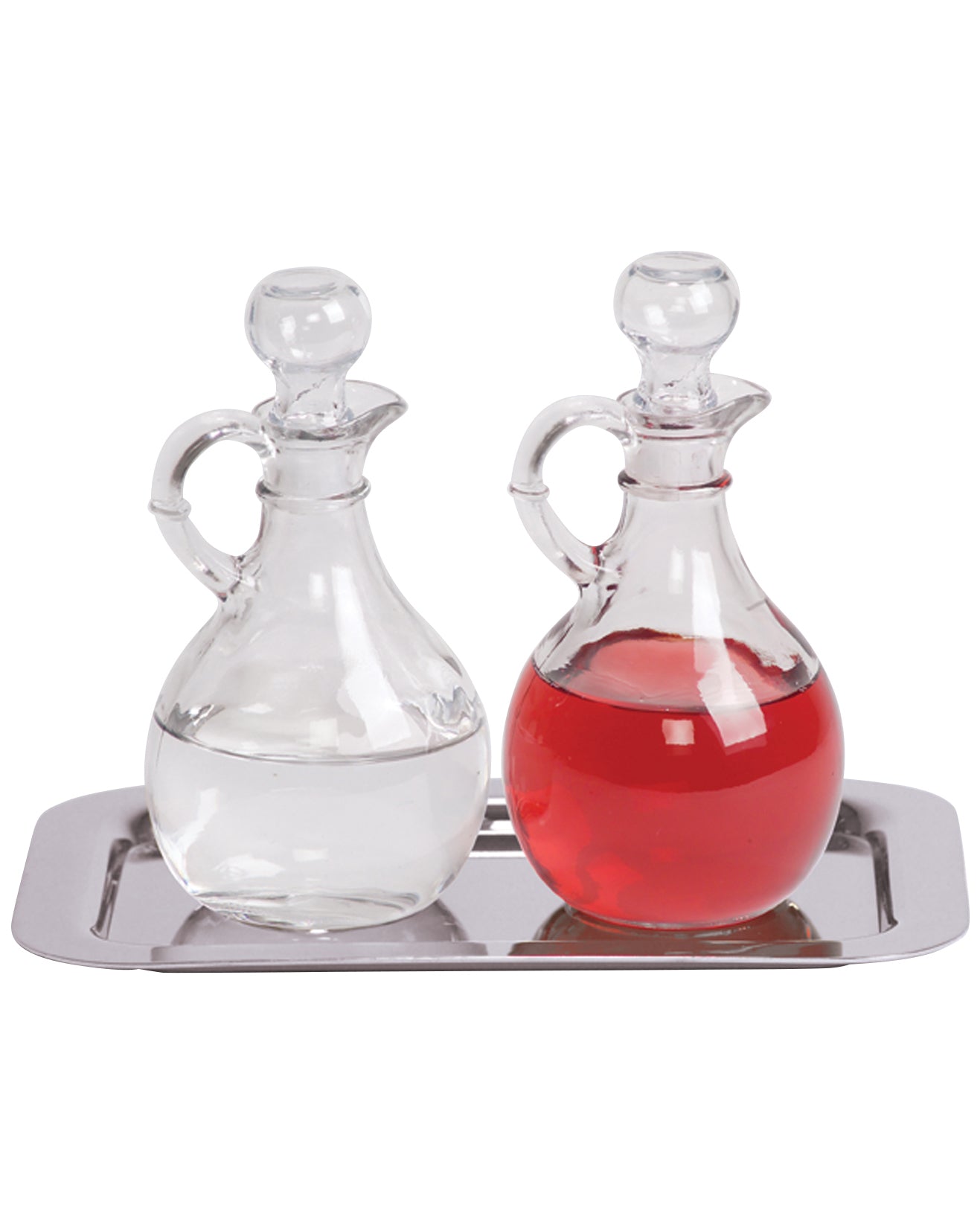 Two glass decanters with a metal tray on a white background