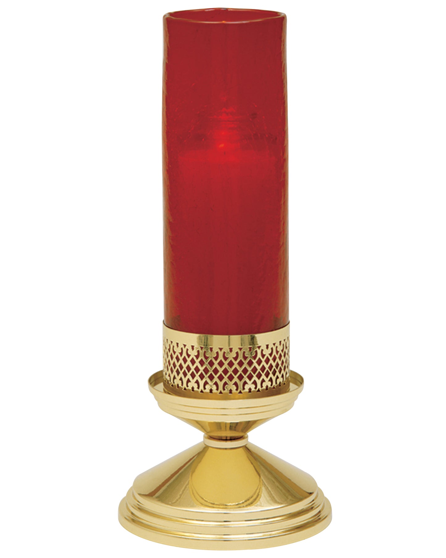Decorative candle holder with red glass and gold base on a white background