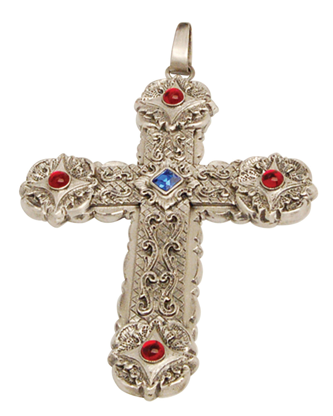 Decorative cross pendant with red and blue stones on a white background