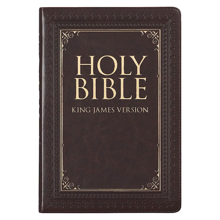 Brown leather Bible with gold text on a white background