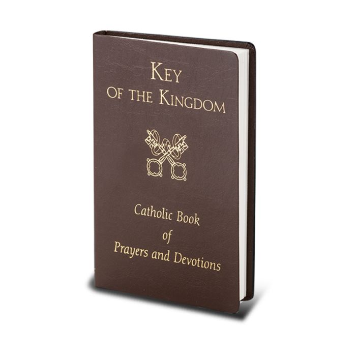 Brown book titled 'Key of the Kingdom: Catholic Book of Prayers and Devotions' on a white background