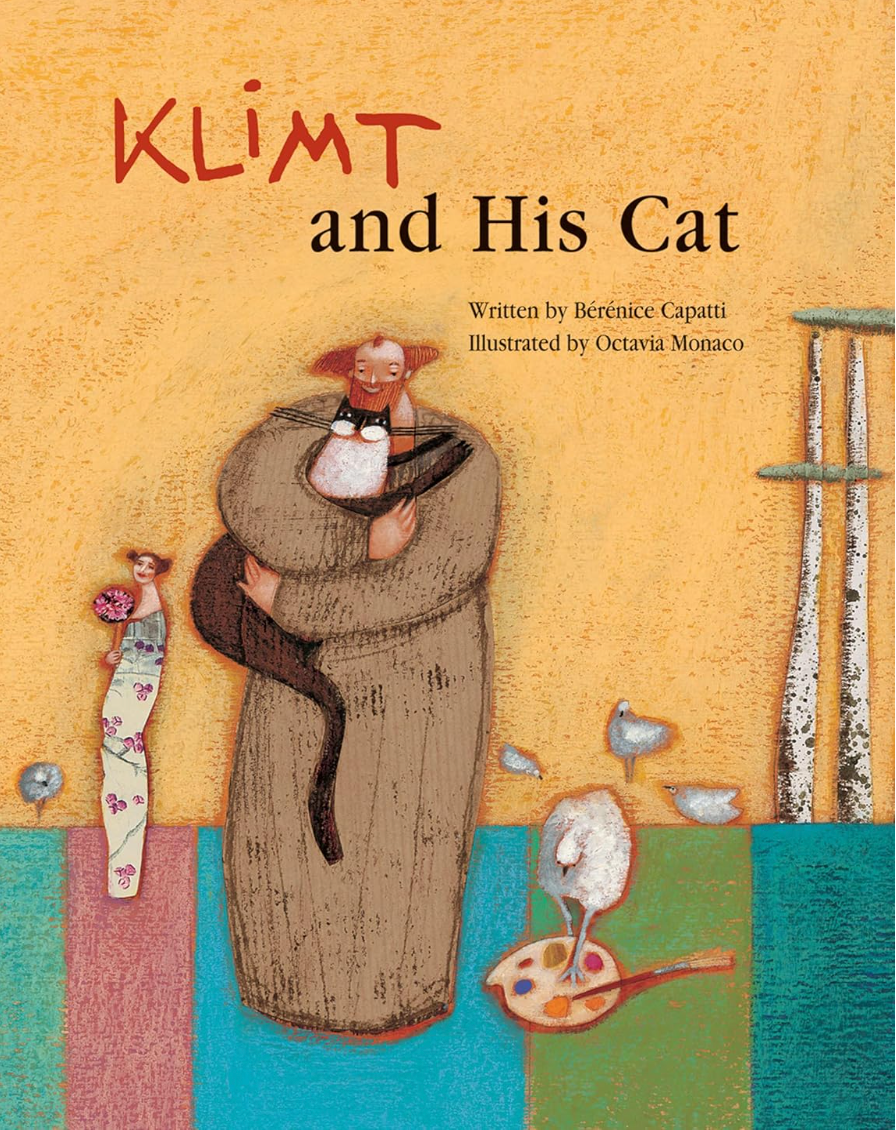 Book cover of 'Klimt and His Cat' with illustration of a woman holding a cat and Klimt's signature.