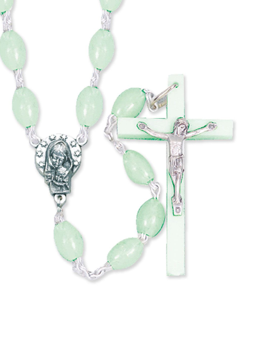 Green rosary with a cross and religious figures on a white background