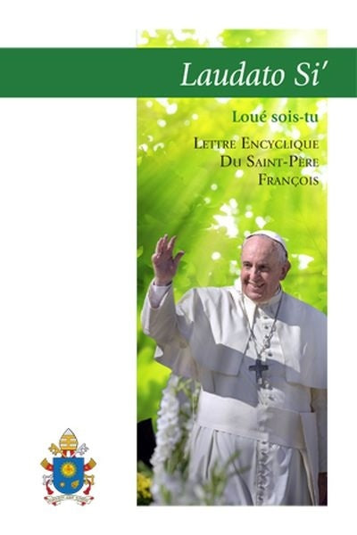 Book cover of 'Laudato Si' with Pope Francis waving and green background