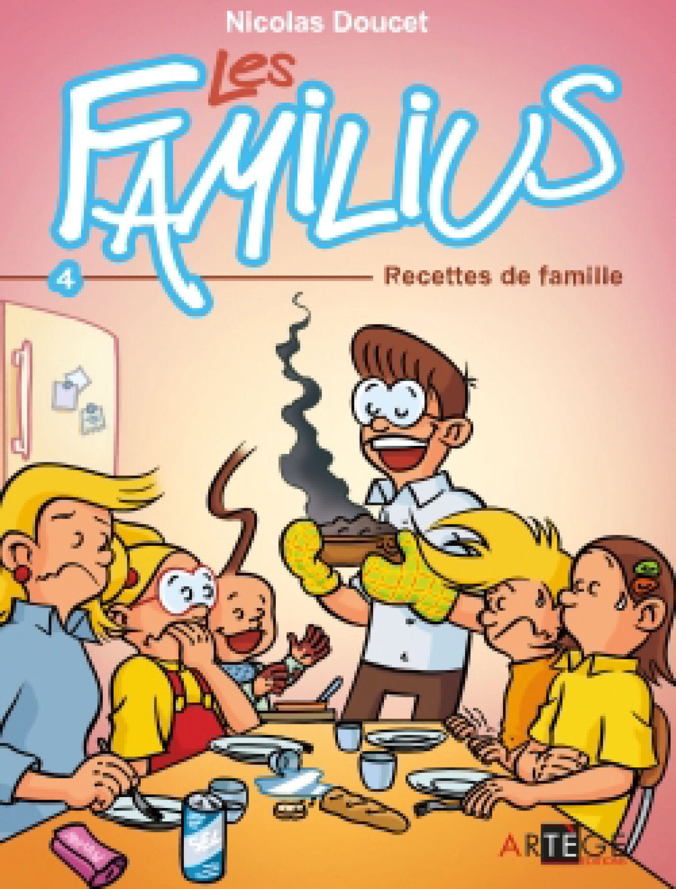 Comic book cover titled 'Les Familivs' with a family around a dinner table, published by Arte.
