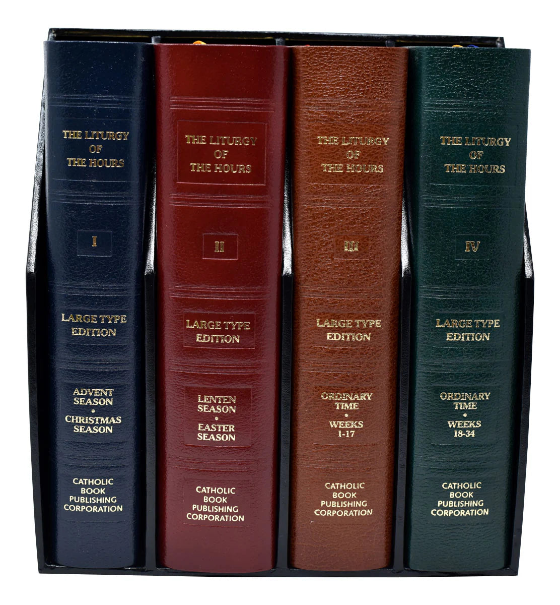 Set of four books titled 'The Liturgy of the Hours' with different colored covers and text.