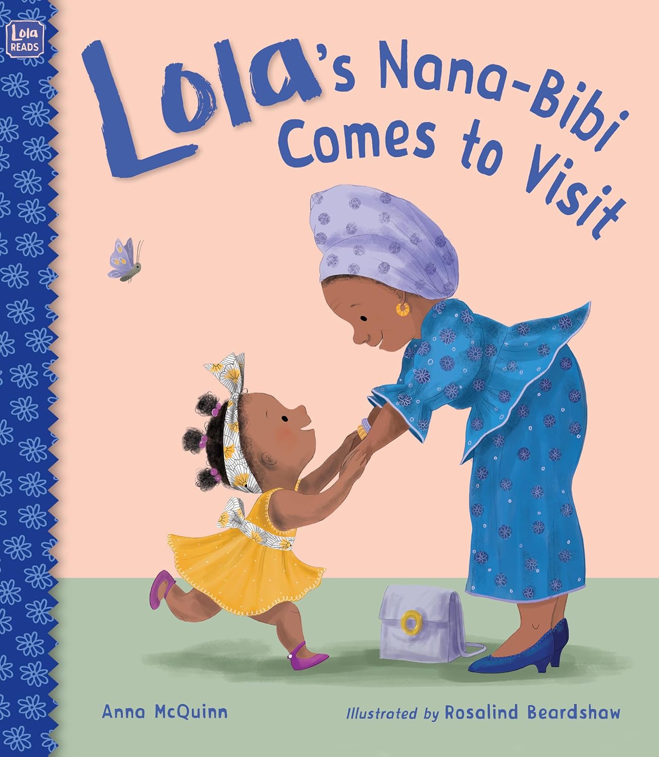 Book cover of 'Lola's Nana-Bibi Comes to Visit' with a child and grandmother on a pink background.