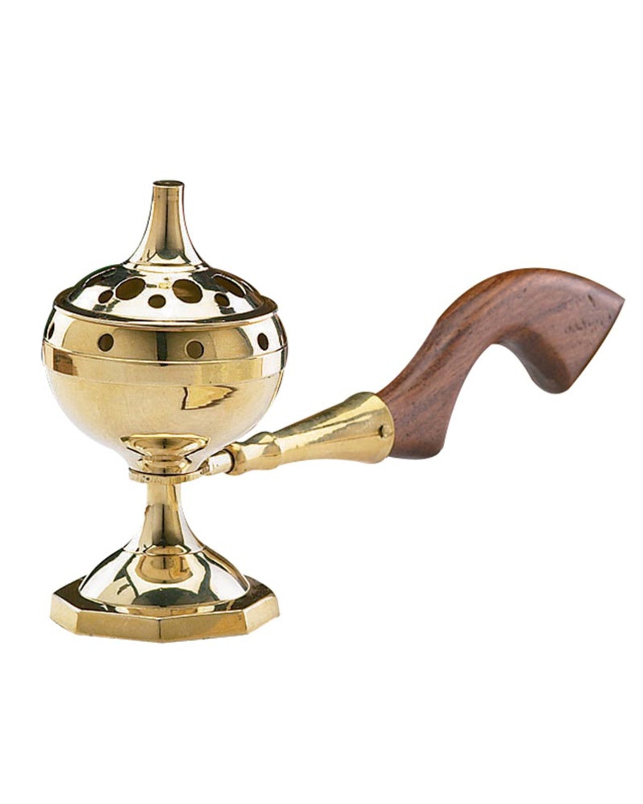 Brass incense burner with wooden handle on a white background