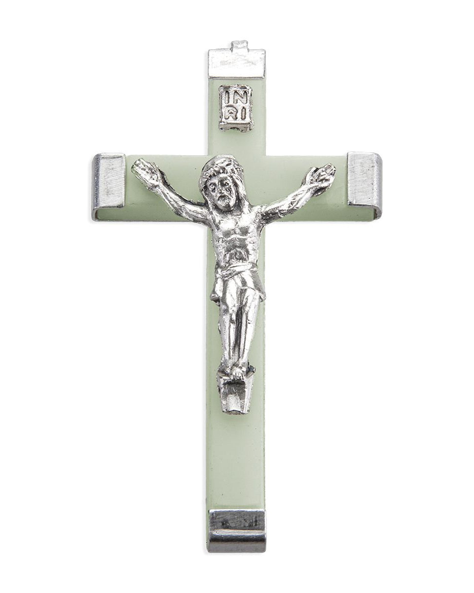 Cross with silver Jesus figure on a white background