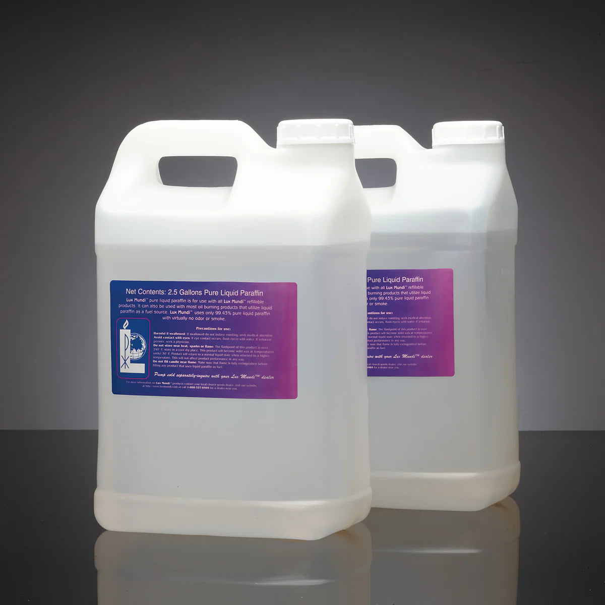 Two large white containers with labels on a reflective surface and dark background