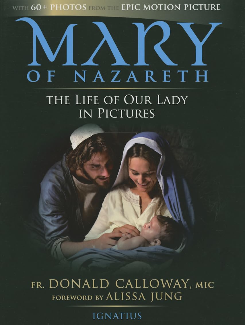 Book cover of 'Mary of Nazareth' with a depiction of a man, woman, and child holding a baby.