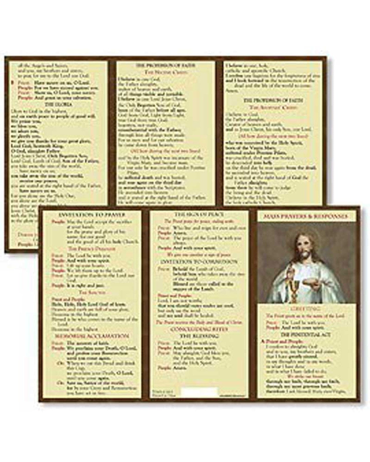 Trifold prayer guide with religious text and images on a white background