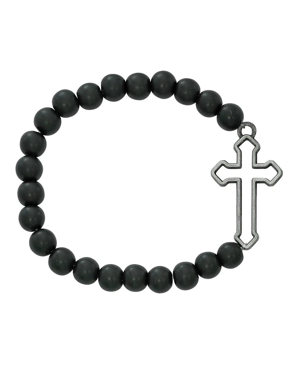 Black beaded bracelet with a silver cross charm on a white background