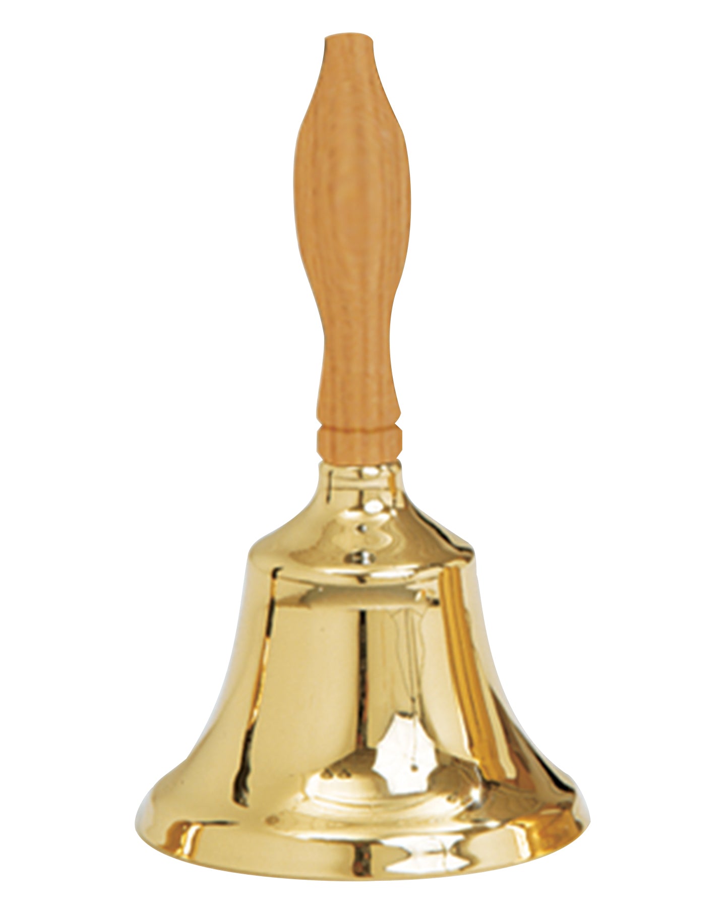 Gold bell with a wooden handle on a white background