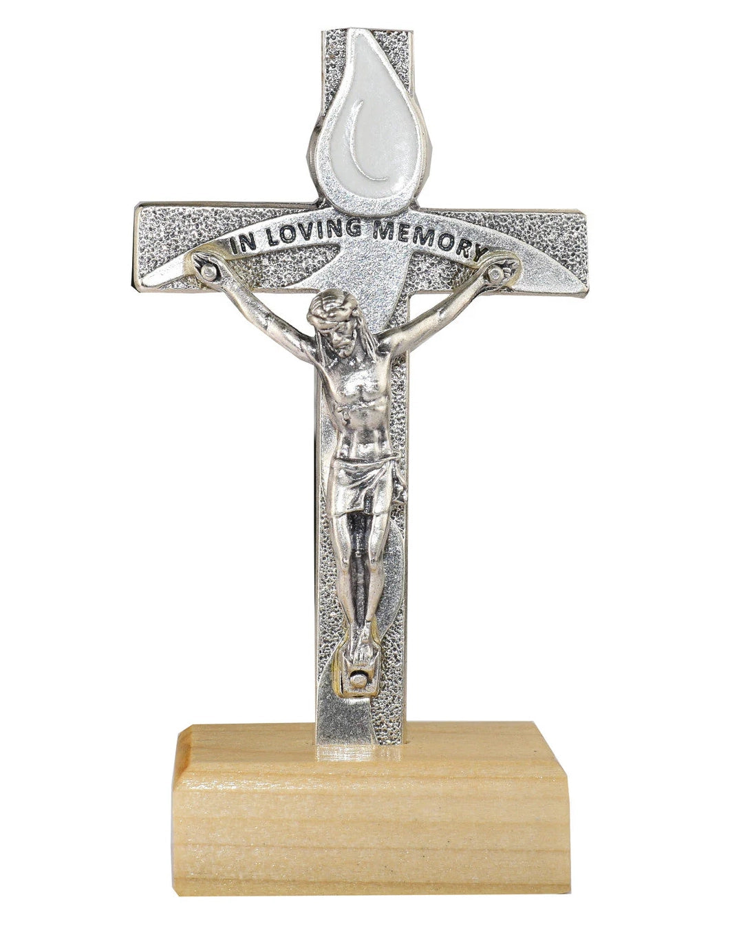 Crucifix with 'In Loving Memory' on a white background