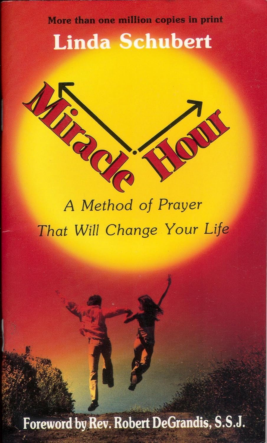 Book cover of 'Miracle Hour' by Linda Schubert with a silhouette of two people jumping.
