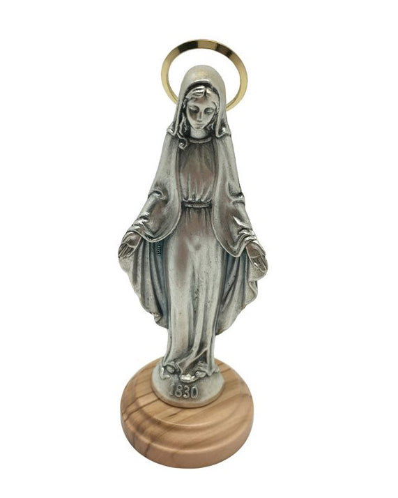 Miraculous Metal Statue with Olive Wood Base 4-3/4"