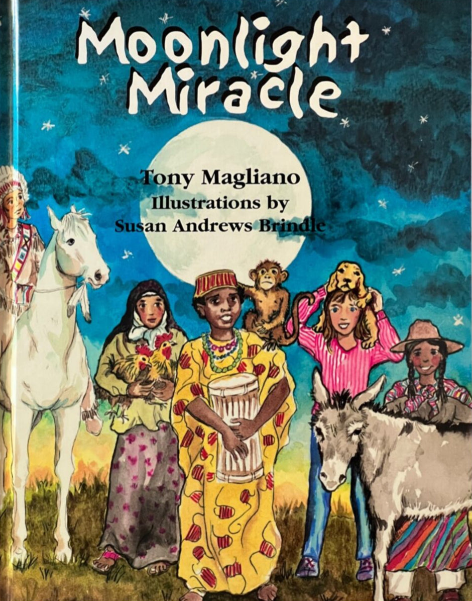 Book cover of 'Moonlight Miracle' with illustrations of people and animals under a moonlit sky.
