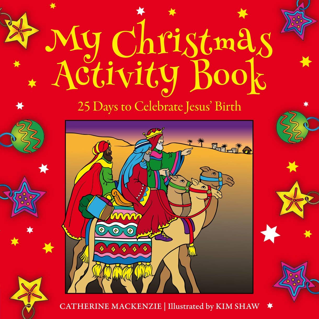 Cover of 'My Christmas Activity Book' with three wise men on camels and festive decorations.