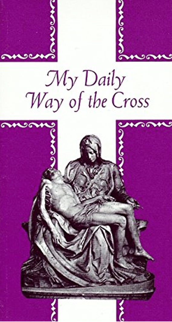 Book cover of 'My Daily Way of the Cross' with a statue of the Pietà on a purple background