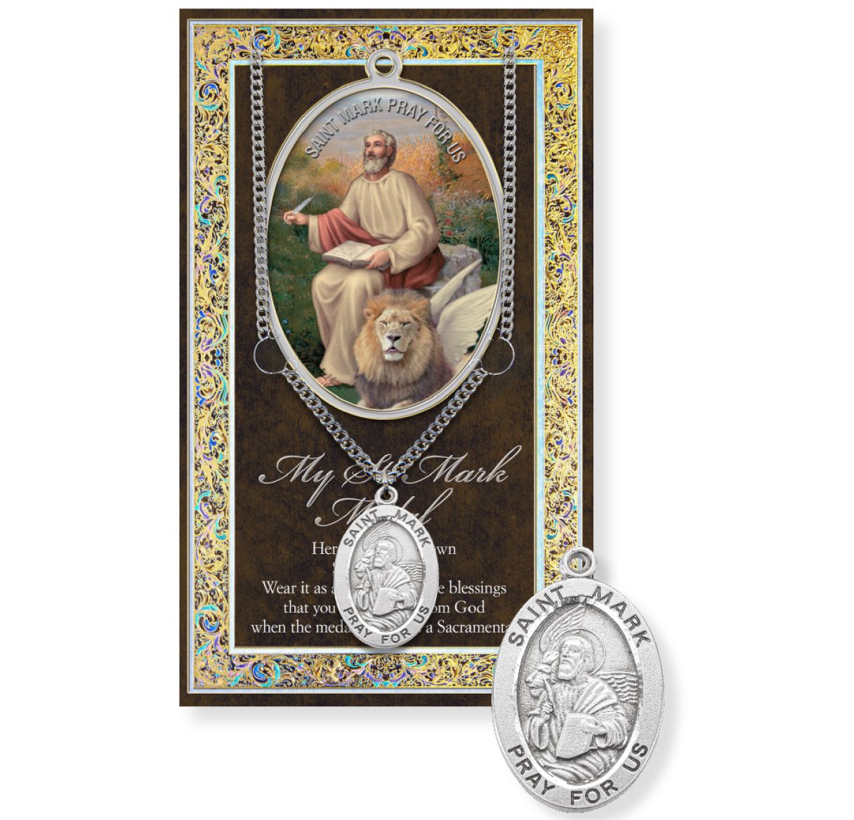 Saint Mark religious pendant with prayer card on a white background